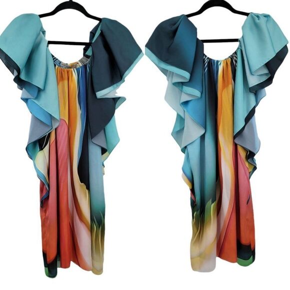 Designer Mary Katrantzou Dress Art To Wear Rainbow Flutter Sleeve Mini Kaftan 10 - Picture 1 of 11